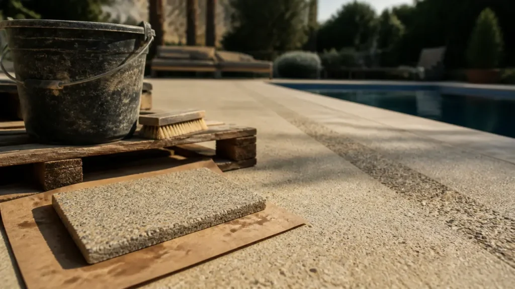 Couleur beton desactivé beige crème avec granulats visibles sur allée