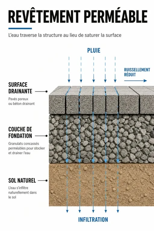 Schéma du revêtement perméable sol extérieur montrant l’infiltration de l’eau dans les couches du sol