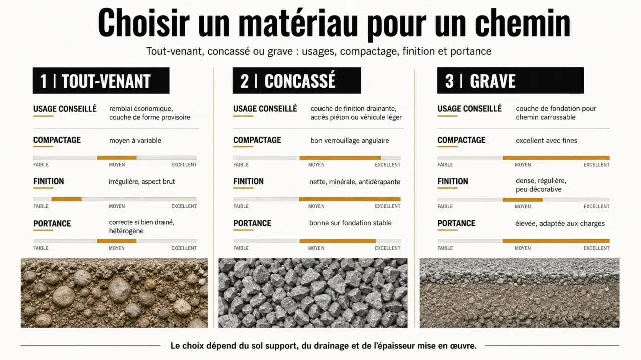 Tout venant pour chemin : comparaison visuelle entre tout-venant, concassé et grave