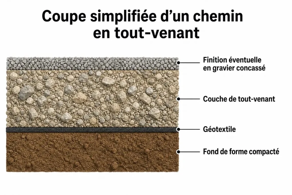 Tout venant pour chemin : coupe simplifiée d'une allée avec géotextile et couches de granulat