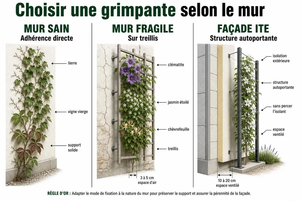 Plante pour couvrir un mur : comparaison visuelle entre mur sain, mur fragile et façade avec ITE
