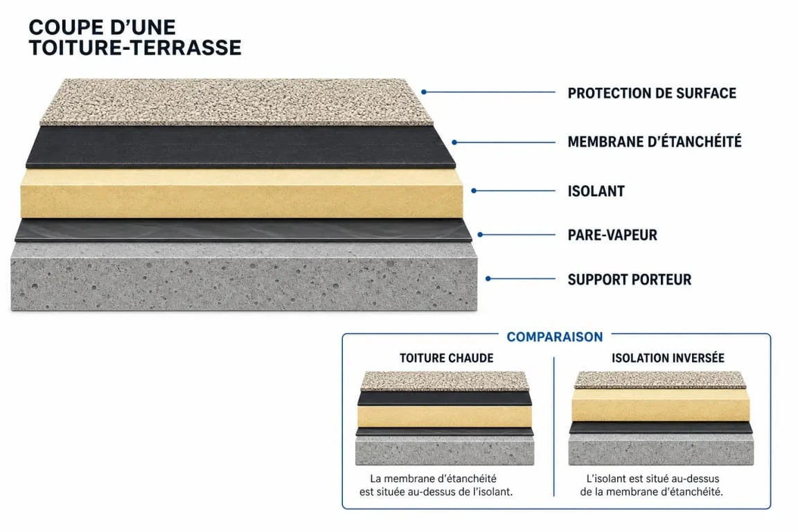 Isolant pour toiture terrasse : schéma des couches et comparaison entre toiture chaude et isolation inversée