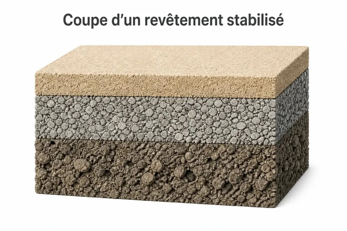 Schéma en coupe d’un revêtement stabilisé avec couches de fondation et drainage