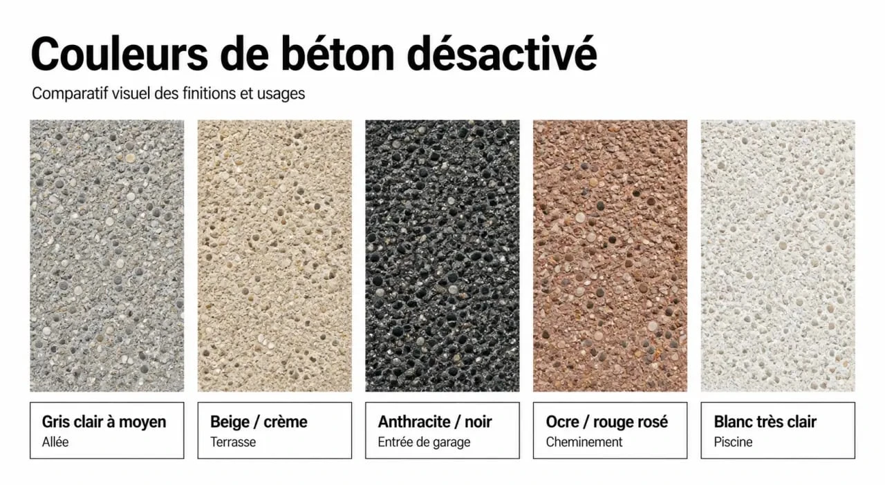 Couleur beton desactivé : comparatif visuel des teintes gris, beige, anthracite, ocre et blanc selon l’usage extérieur