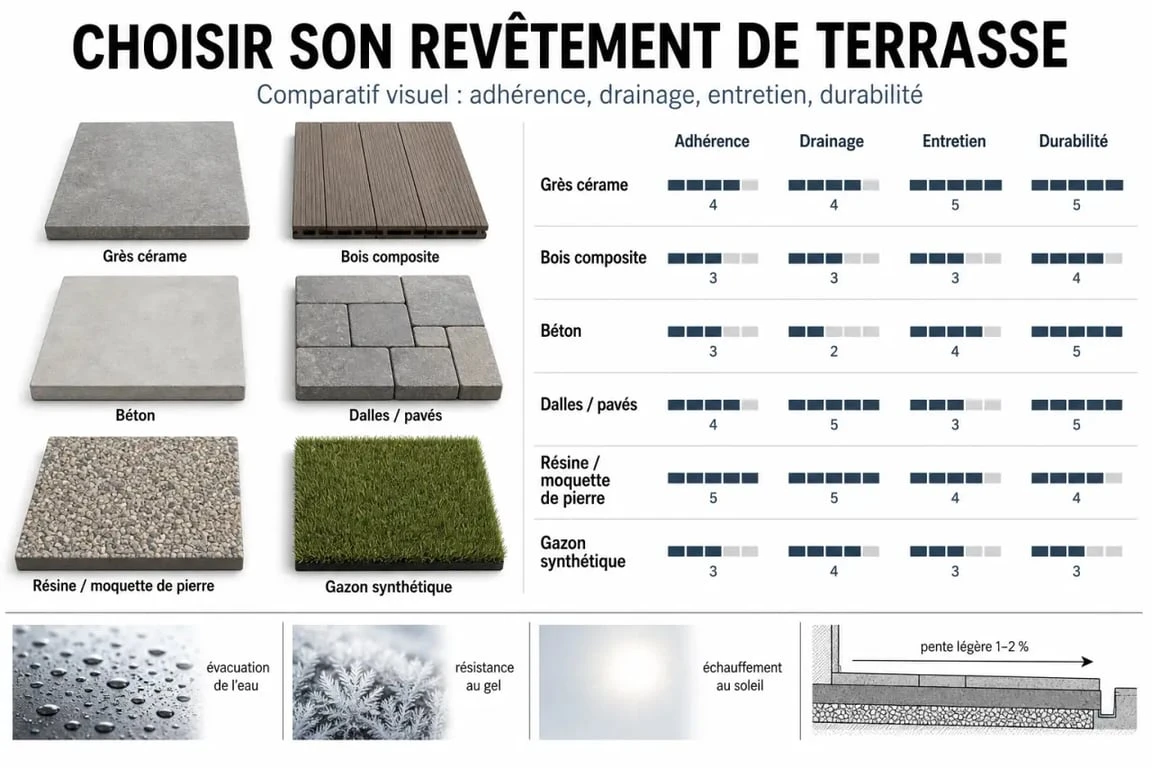 Comparatif visuel du revêtement pour terrasse extérieure selon l’adhérence, le drainage, l’entretien et le budget