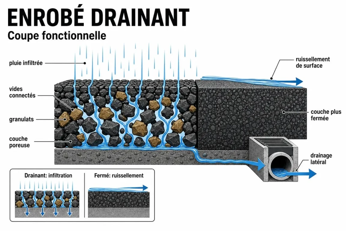 Schéma d'enrobé drainant montrant comment l'eau s'infiltre dans le revêtement poreux