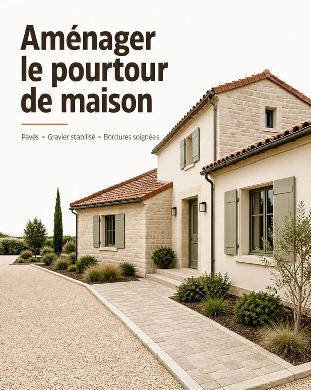 Aménagement pourtour de maison : maison traditionnelle avec pavés et gravier stabilisé