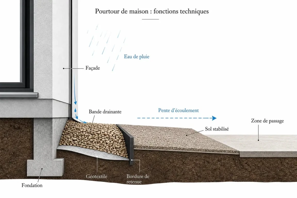 Aménagement pourtour de maison : coupe visuelle du drainage et des bordures autour de la maison
