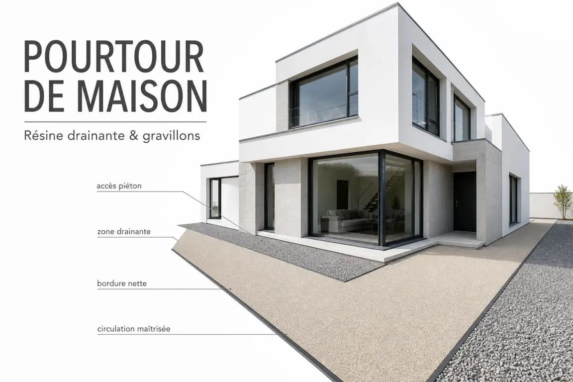 Aménagement pourtour de maison : maison contemporaine avec résine drainante et gravillons