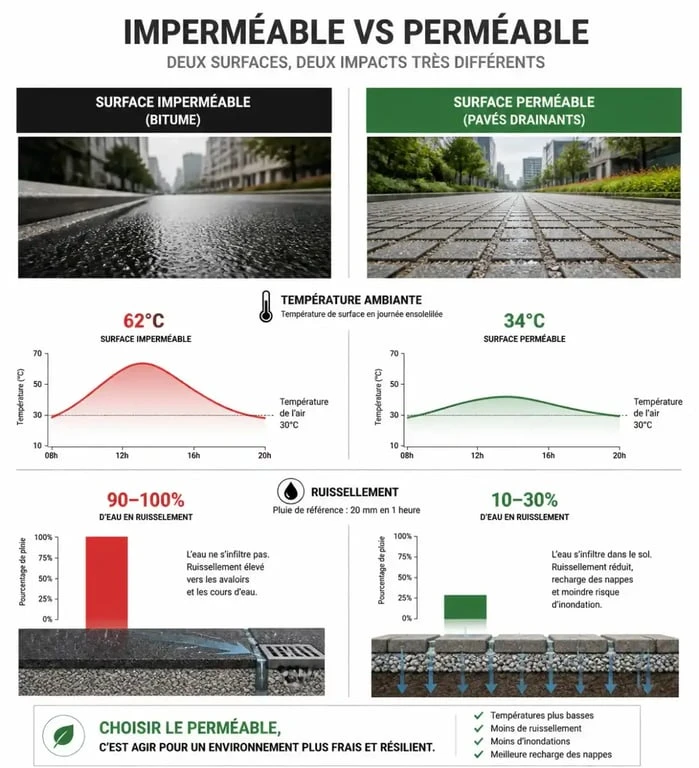 Comparaison entre surface imperméable et surface perméable pour lutter contre les îlots de chaleur