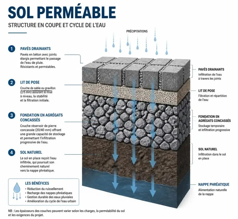 Schéma explicatif de la structure d'un sol perméable pour la gestion des eaux pluviales