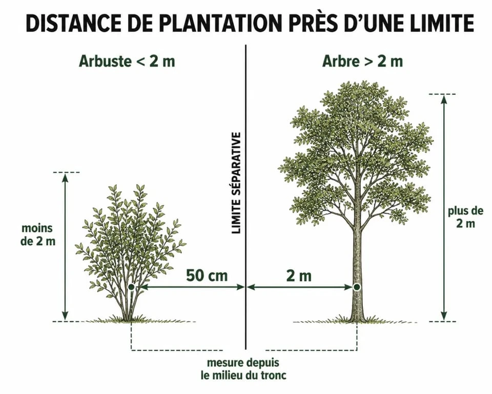 Distance plantation arbre : schéma éditorial des distances de 50 cm et 2 m près d'une limite de propriété
