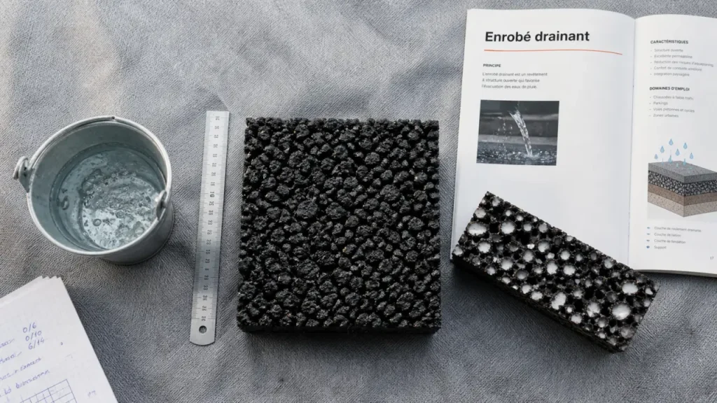 Enrobé drainant sombre : granulats ouverts et drainage