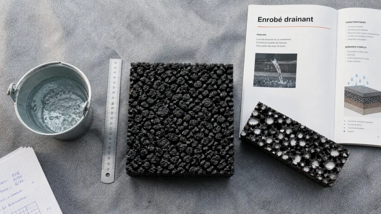 Enrobé drainant sombre : granulats ouverts et drainage