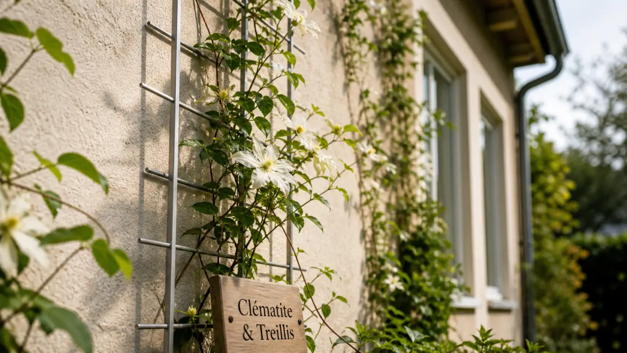 Plante pour couvrir un mur : clématite sur treillis, contre-jour sur façade