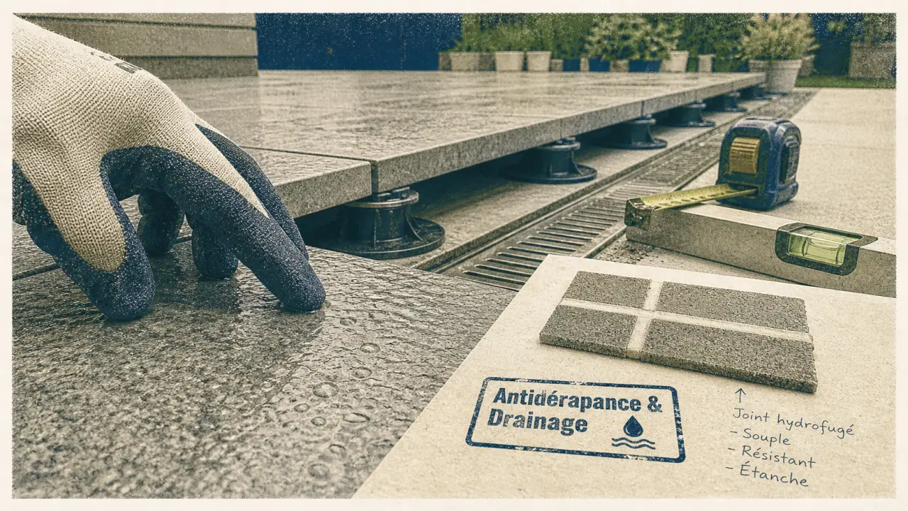 Revêtement pour terrasse extérieure antidérapant avec pente 1 à 2 % pour drainage