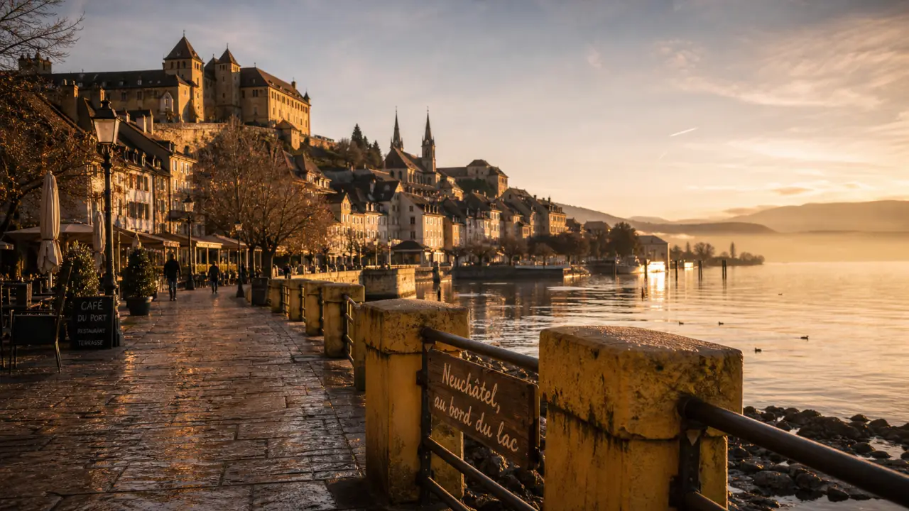 Photo ville neuchatel : lac et vieille ville au coucher du soleil