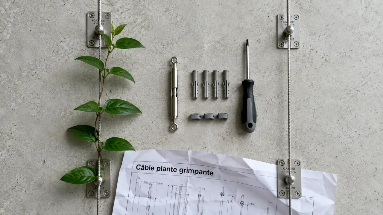 Cable plante grimpante inox tendu, support discret pour façade et pergola