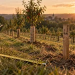 Distance entre les arbres fruitiers en verger : jeunes pommiers espacés en quinconce
