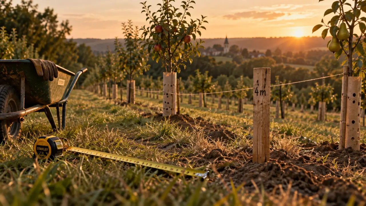 Distance entre les arbres fruitiers en verger : jeunes pommiers espacés en quinconce