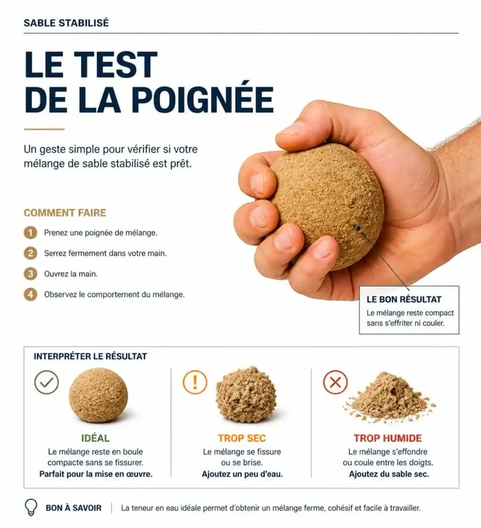 Test de la poignée pour vérifier la consistance du sable stabilisé