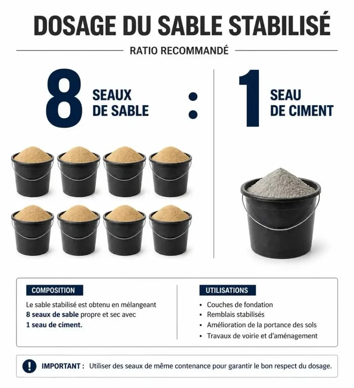 Infographie du dosage du sable stabilisé : 8 volumes de sable pour 1 volume de ciment