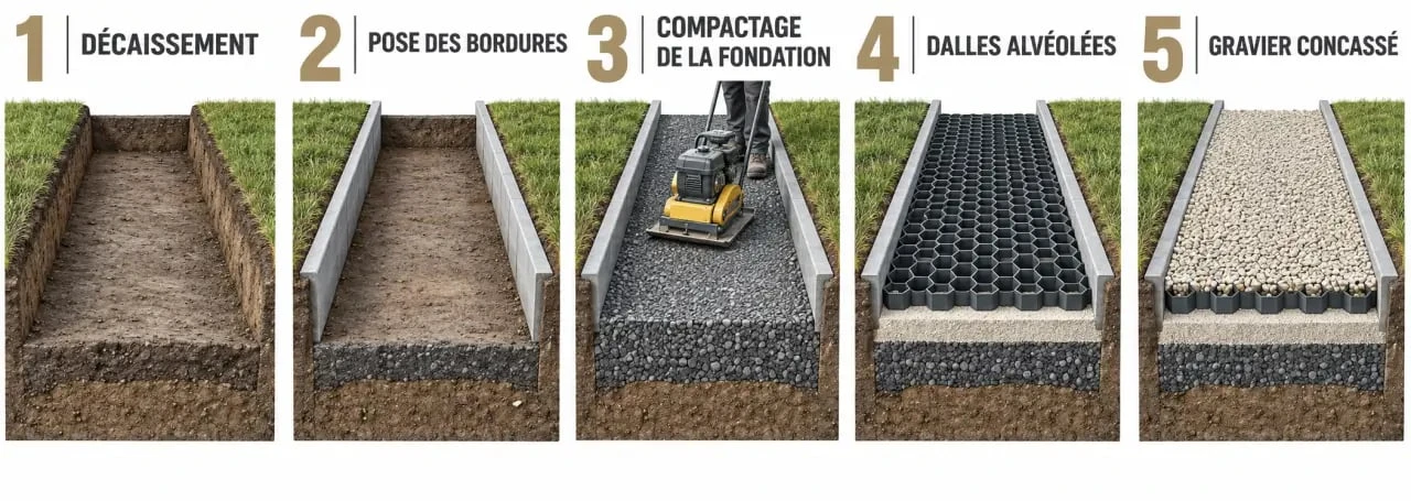 Étapes de pose d'une allée en gravier stabilisé avec dalles alvéolées