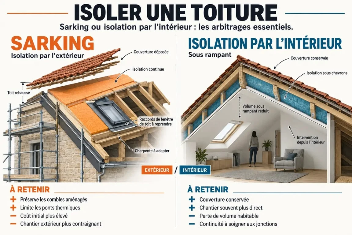Infographie sur les inconvénients du sarking et la comparaison avec l’isolation par l’intérieur