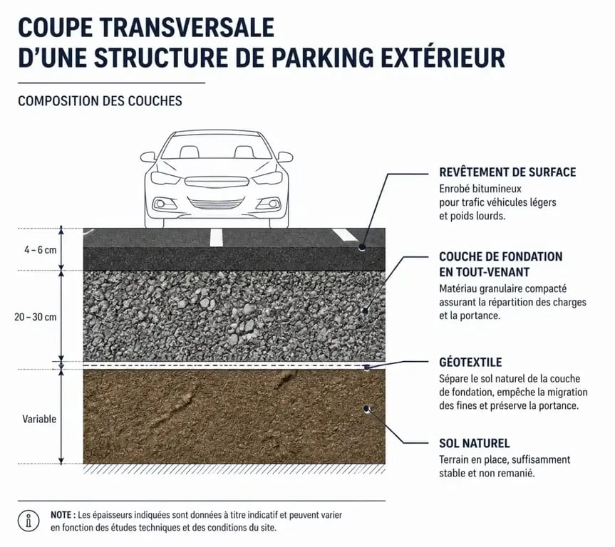 Schéma technique de la préparation du sol pour un parking extérieur
