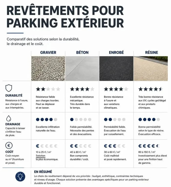 Comparatif des revêtements pour parking extérieur : durabilité, drainage et prix