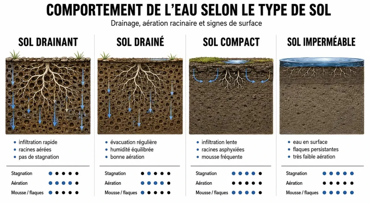 Sol drainant définition : comparaison entre sol drainant, sol drainé, sol compact et sol imperméable
