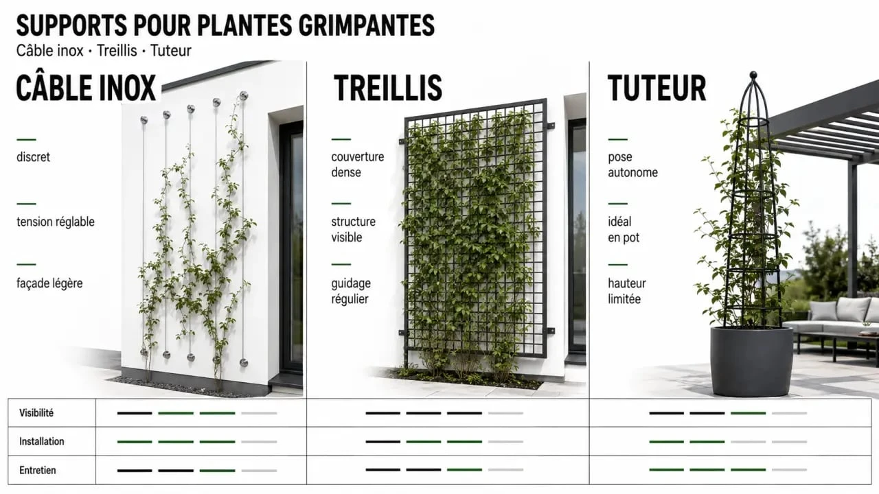 Cable plante grimpante : comparaison entre câble inox, treillis et tuteur sur façade et pergola