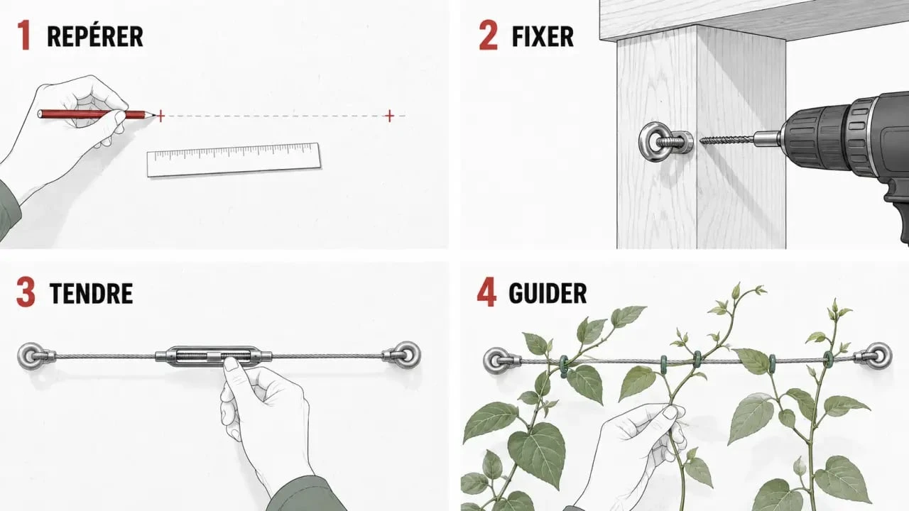 Cable plante grimpante : étapes de pose, tension et guidage sur mur