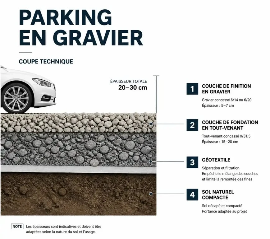 Coupe technique d'un parking en gravier avec géotextile et fondation