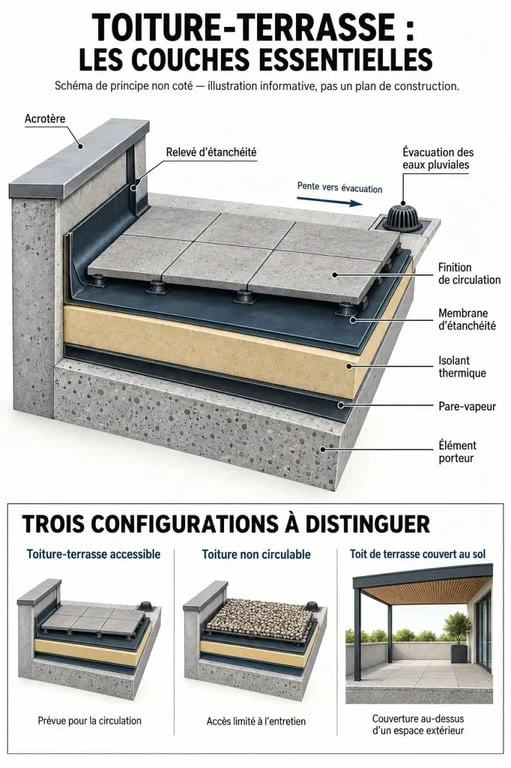 Infographie sur la terrasse toit et les couches d'une toiture-terrasse