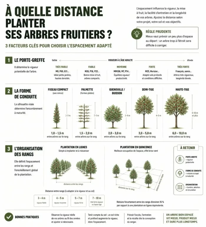 Infographie sur la distance entre les arbres fruitiers selon le porte-greffe et la forme de conduite