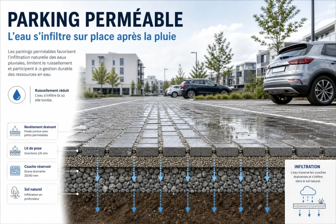 Parking perméable : exemple visuel de stationnement avec infiltration des eaux pluviales