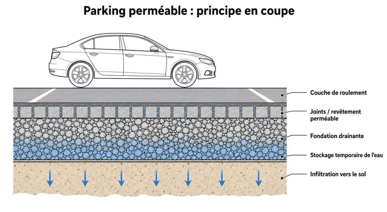 Parking perméable : schéma simplifié de la structure multicouche et de l’infiltration de l’eau
