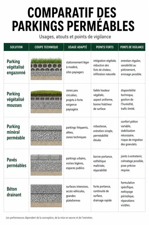 Parking perméable : comparatif visuel des solutions végétalisées, minérales, pavées et en béton drainant