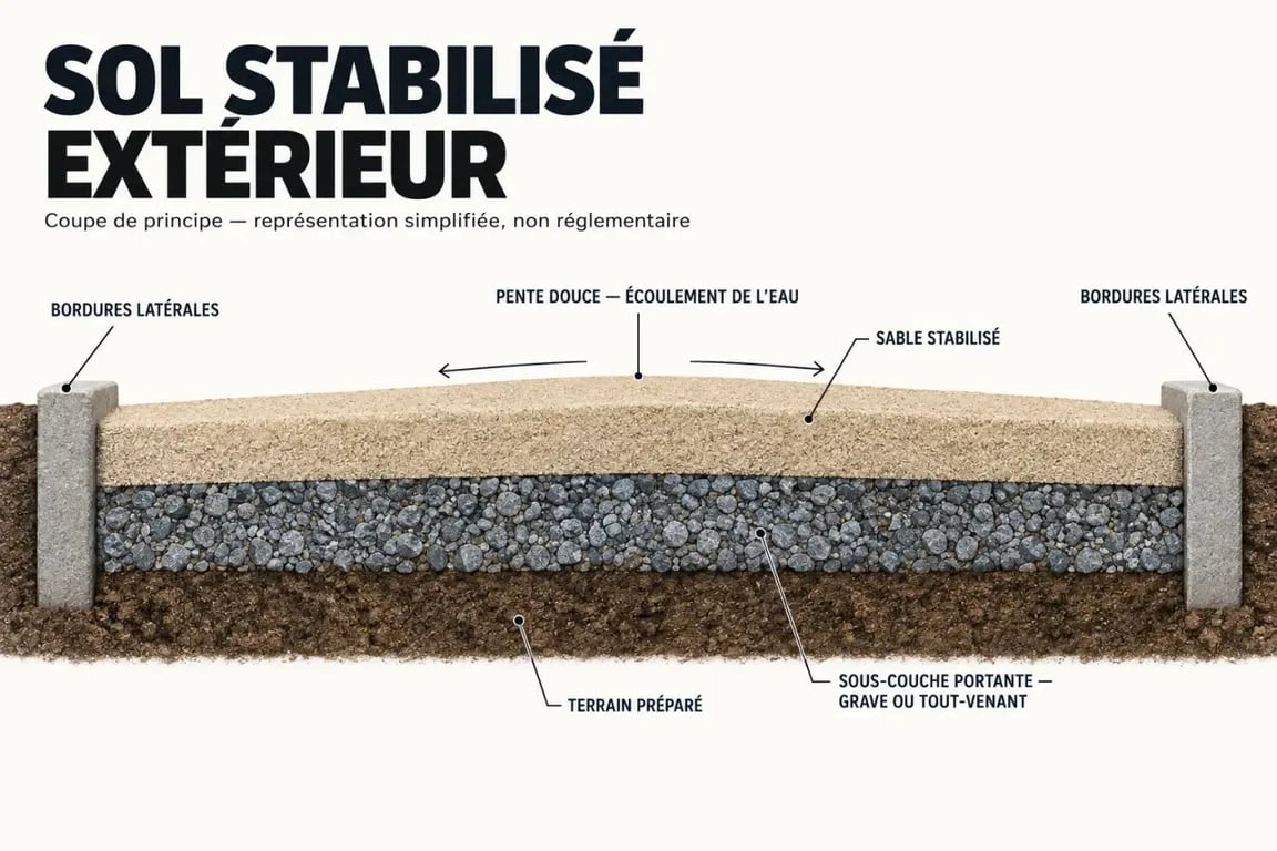 Schéma en coupe d’un sol stabilisé avec sous-couche, sable et drainage