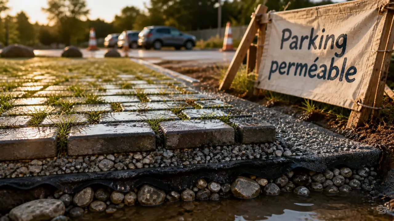 Parking perméable : vue d’un stationnement qui infiltre l’eau et réduit le ruissellement