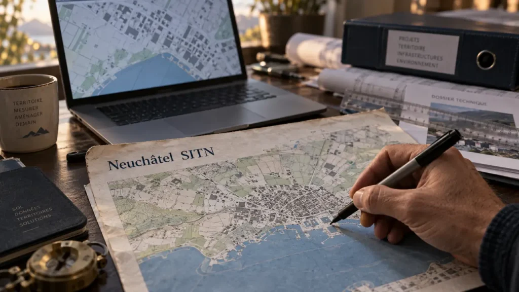 Plan cadastral neuchatel SITN sur ordinateur et papier