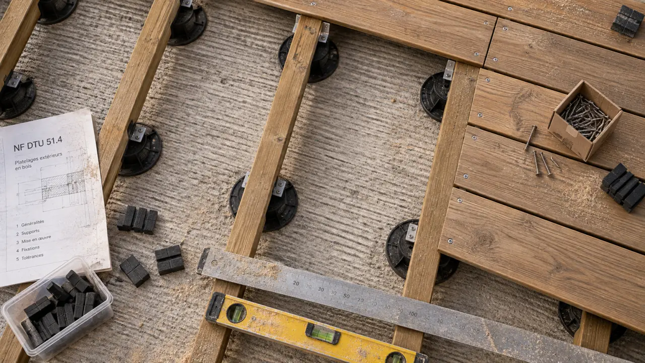 Terasse en bois sur plots réglables, supports posés sur béton