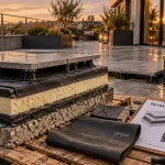 Terrasse toit avec dalles sur plots et garde-corps, coupe étanchéité EPDM visible