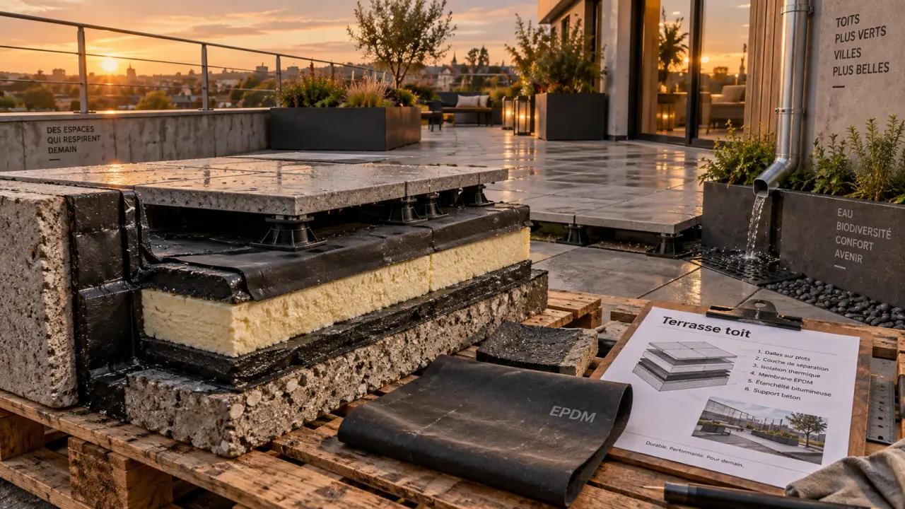 Terrasse toit avec dalles sur plots et garde-corps, coupe étanchéité EPDM visible