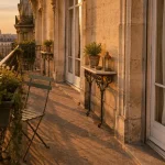 Balcon filant en façade haussmannienne, passage lumineux et jardinière