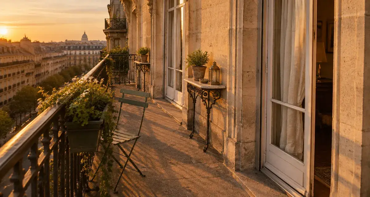Balcon filant en façade haussmannienne, passage lumineux et jardinière