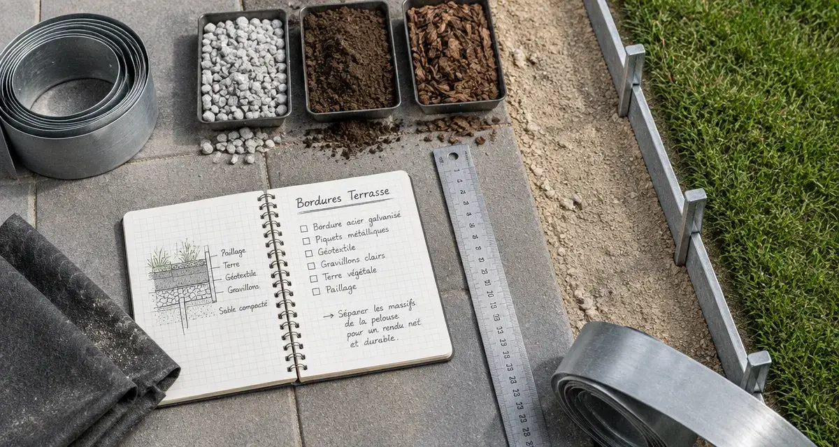 Bordures de terrasses : bordure acier galvanisé sur sable