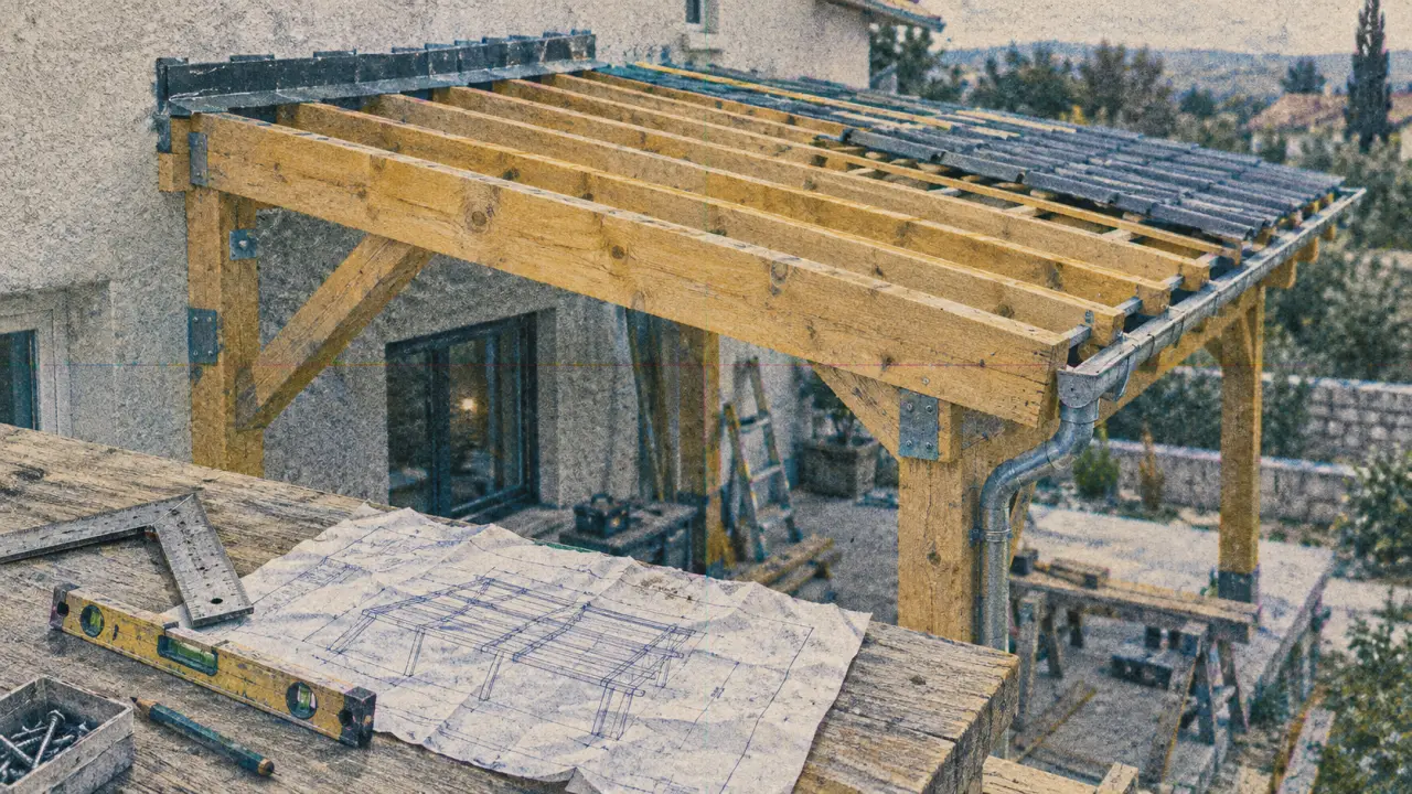 Charpente terrasse couverte en bois et métaux, pose d’ancrage