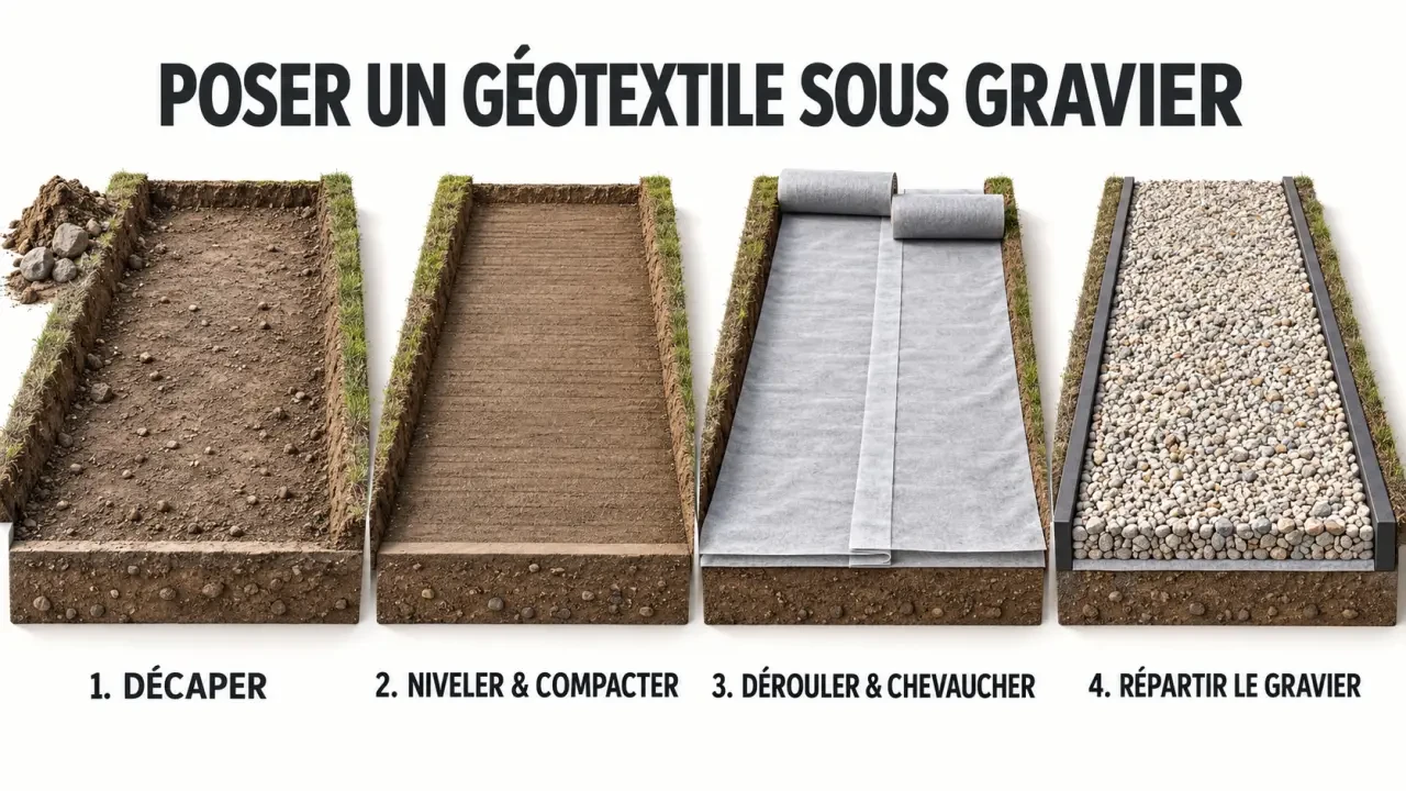 Pose d’un géotextile sous gravier en quatre étapes, du décaissement à la couverture finale